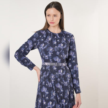 Henny Pleated Belted Dress Navy/Purple