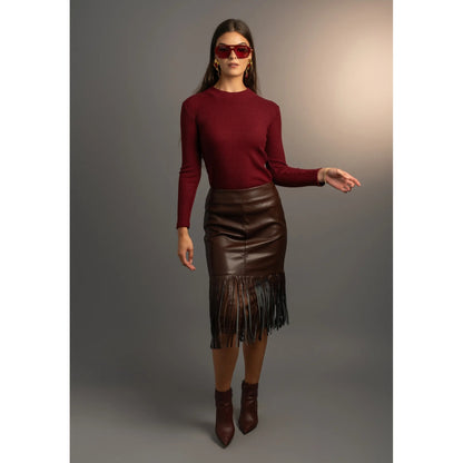 Brown Stone Belle Fringe Leather Skirt