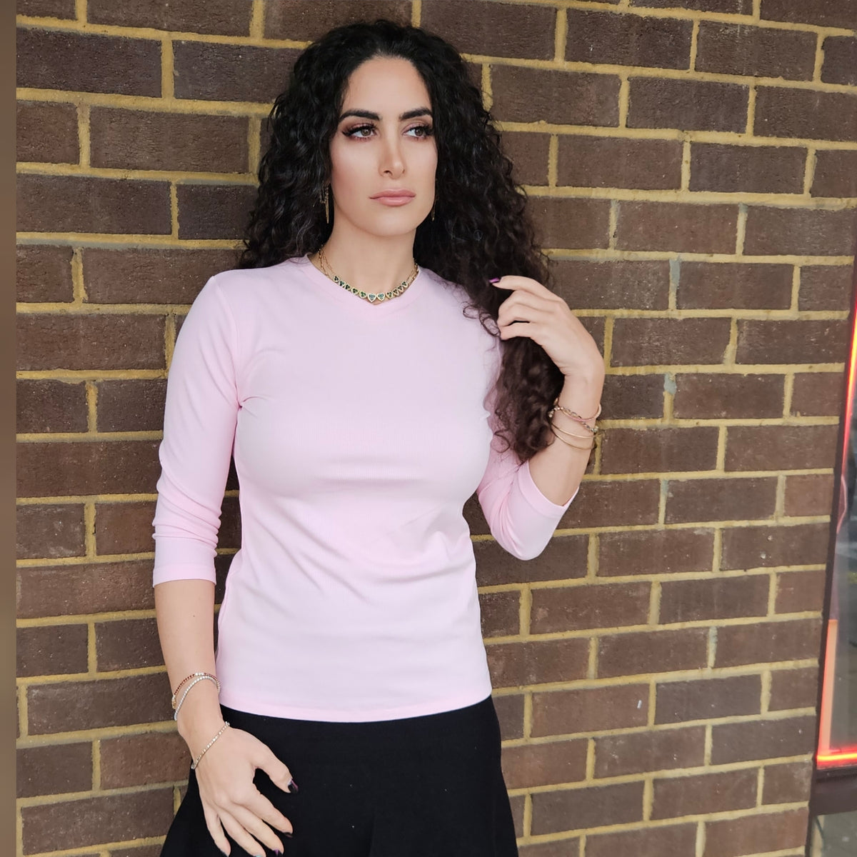 Pale Pink V Neck Microribbed Tshirt