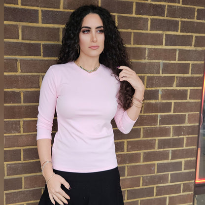 Pale Pink V Neck Microribbed Tshirt