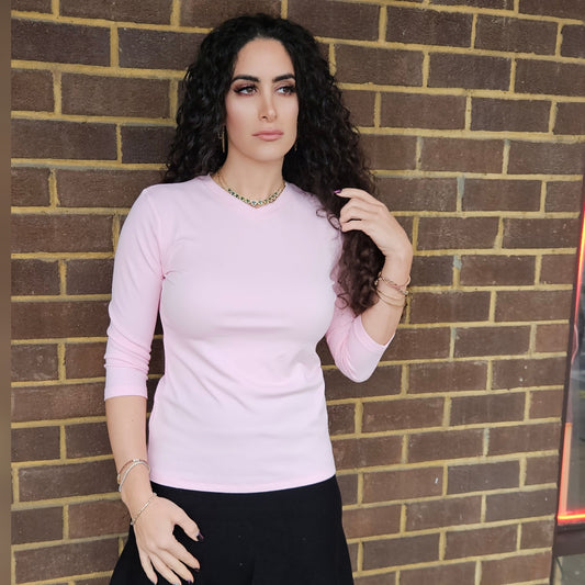 Pale Pink V Neck Microribbed Tshirt