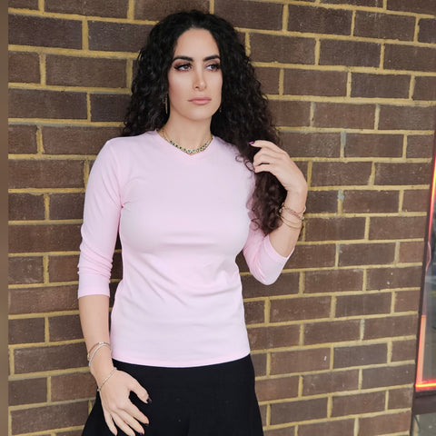 Pale Pink V Neck Microribbed Tshirt