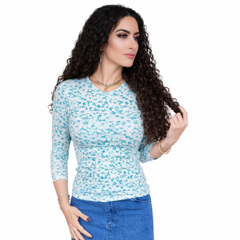 Green Floral Microribbed V neck Tee