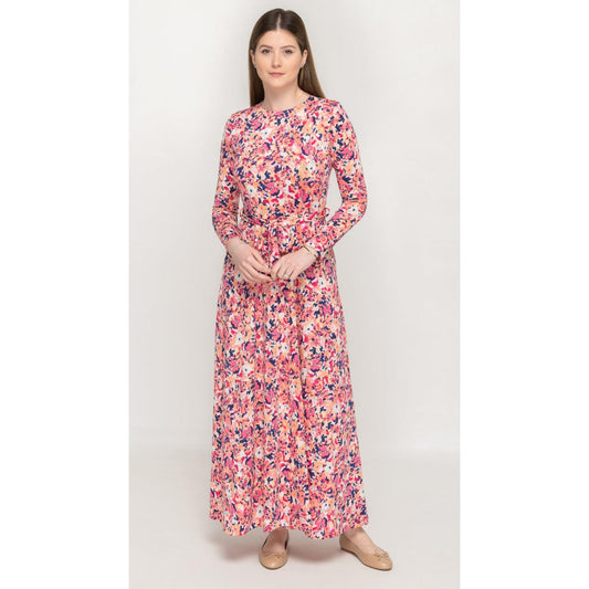 Coral Watercolor Mini Floral Belted Maxi