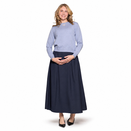 Navy Belted Lightly Pleated Skirt