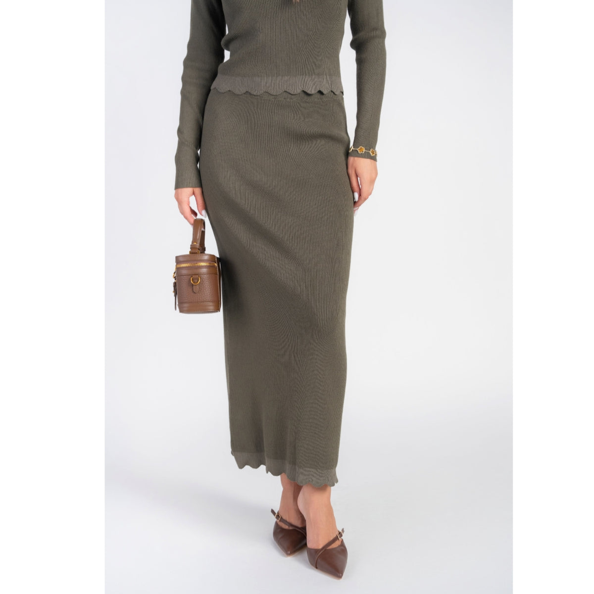 Scalloped Knit Skirt Olive