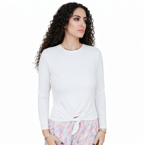 White Tie Front Microribbed Crewneck Top