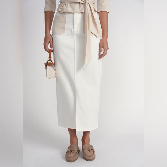 Contrast Pocket Midi Skirt White Denim Adina LV - The Mimi Boutique