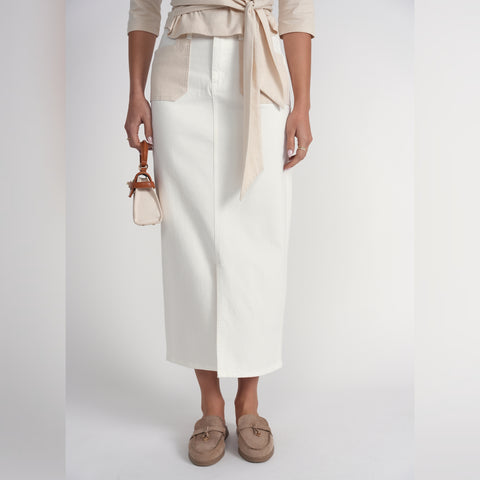 Contrast Pocket Midi Skirt White Denim Adina LV - The Mimi Boutique