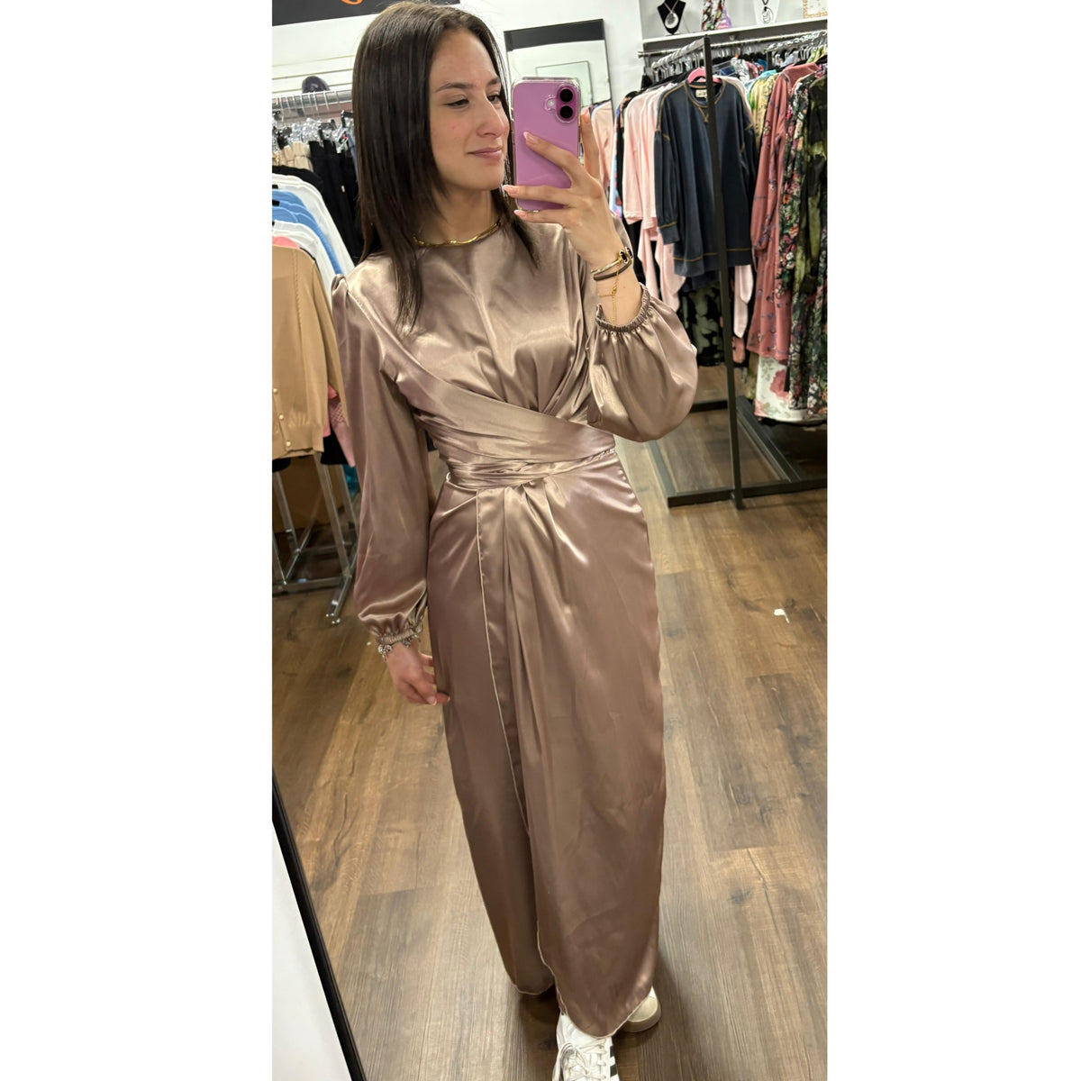 Assymetrical Satin Ice Mocha Print Dress
