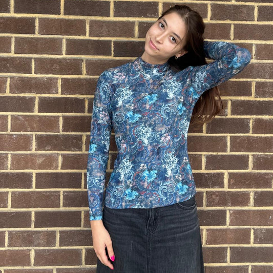 Blue Mesh Mock Neck