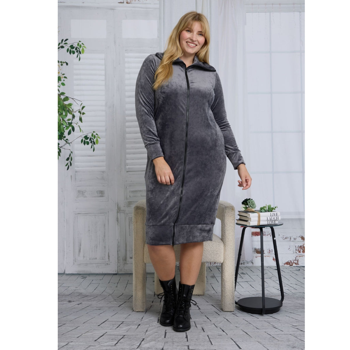 Connie Velour Dress Charcoal - The Mimi Boutique