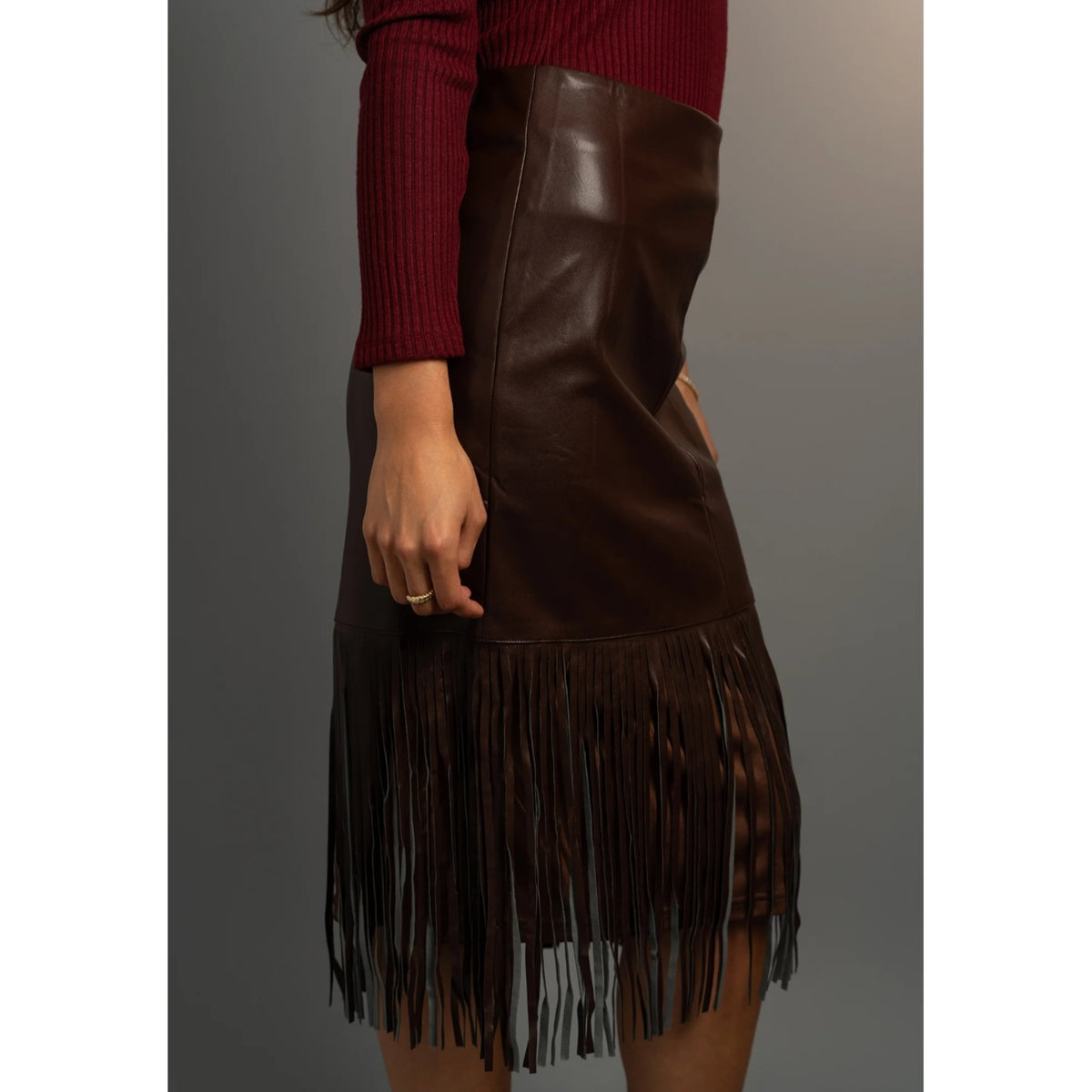 Brown Stone Belle Fringe Leather Skirt