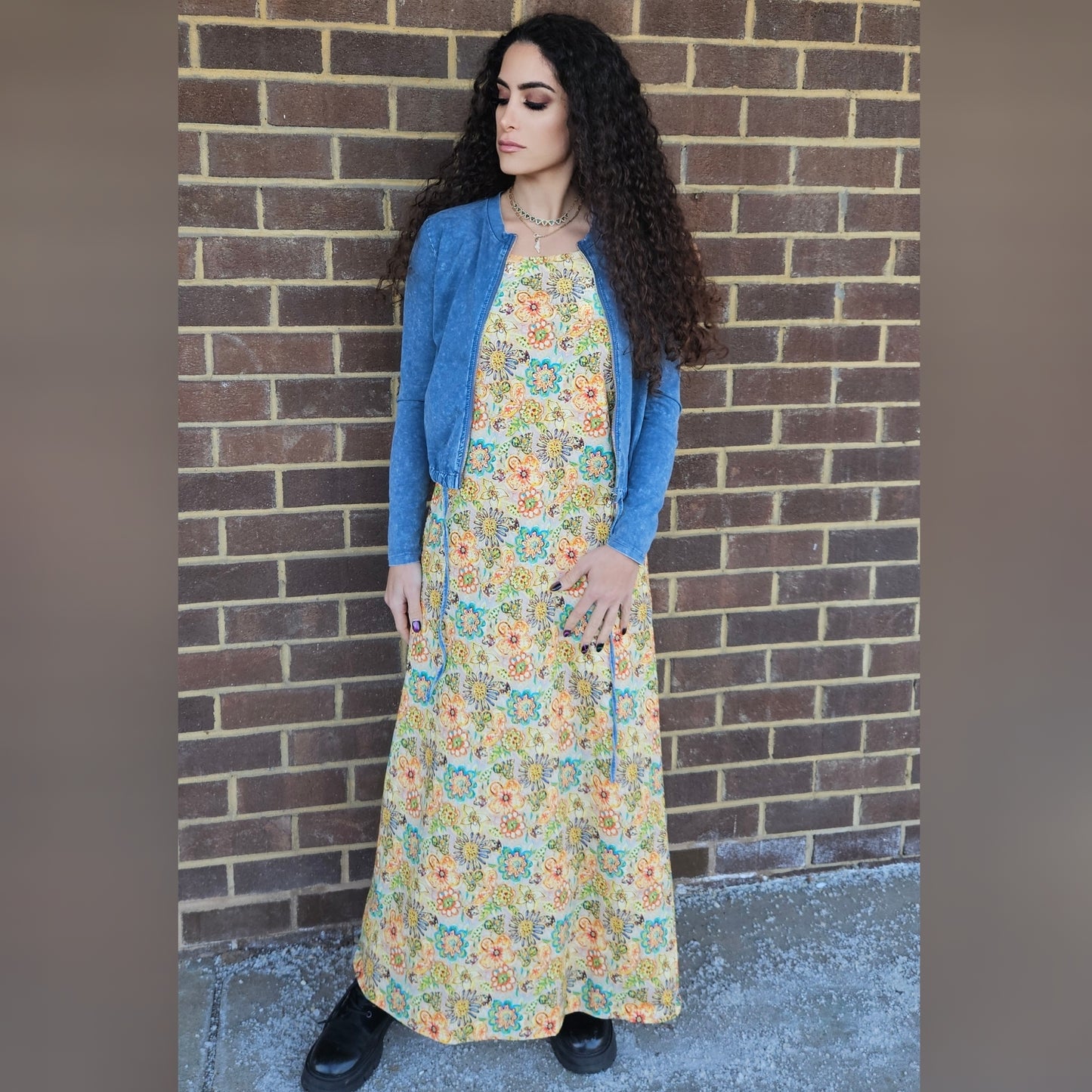 Tan/Orange Floral Print Slip Dress