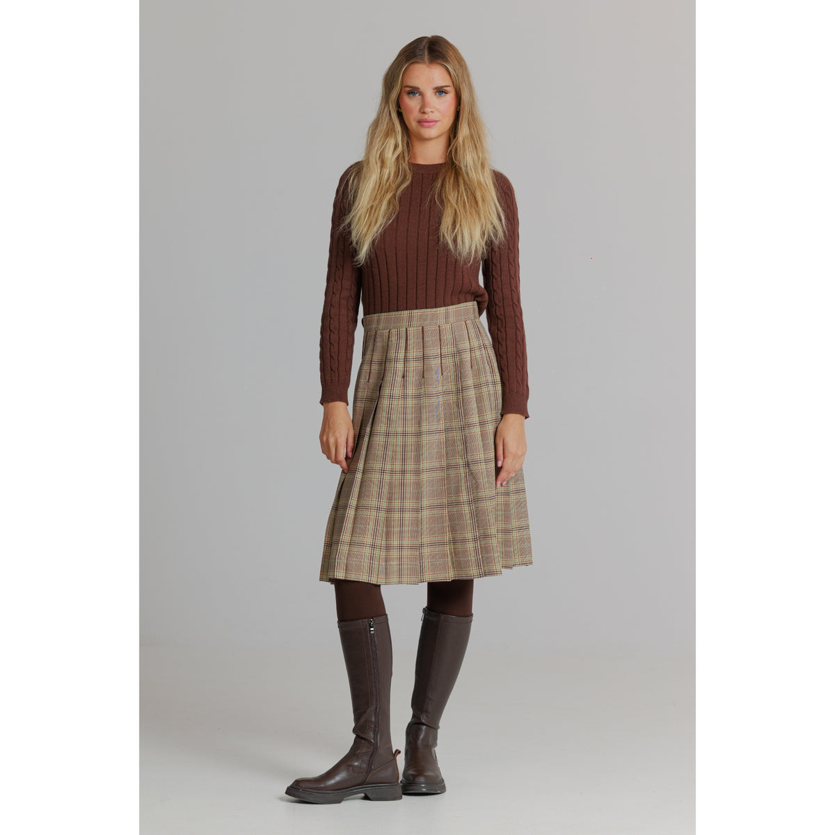 Plaid Pleated Skirt Tan - The Mimi Boutique