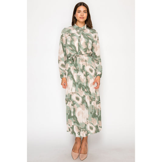 Green Soft Floral Pleated Dress