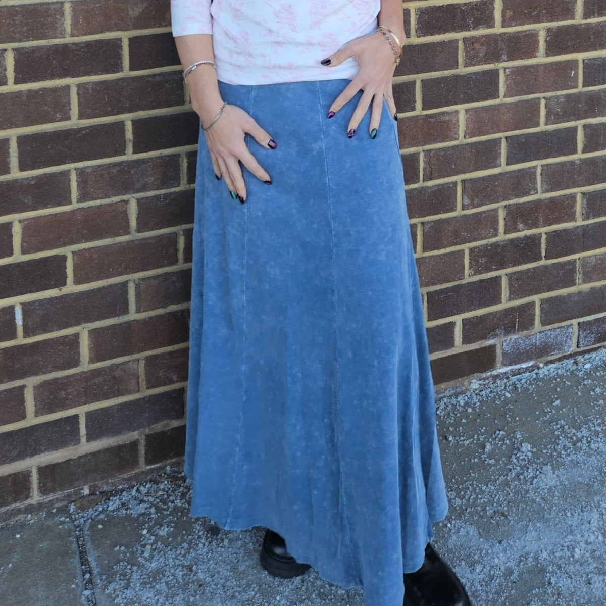 Acid Blue Microribbed Panel Maxi Skirt