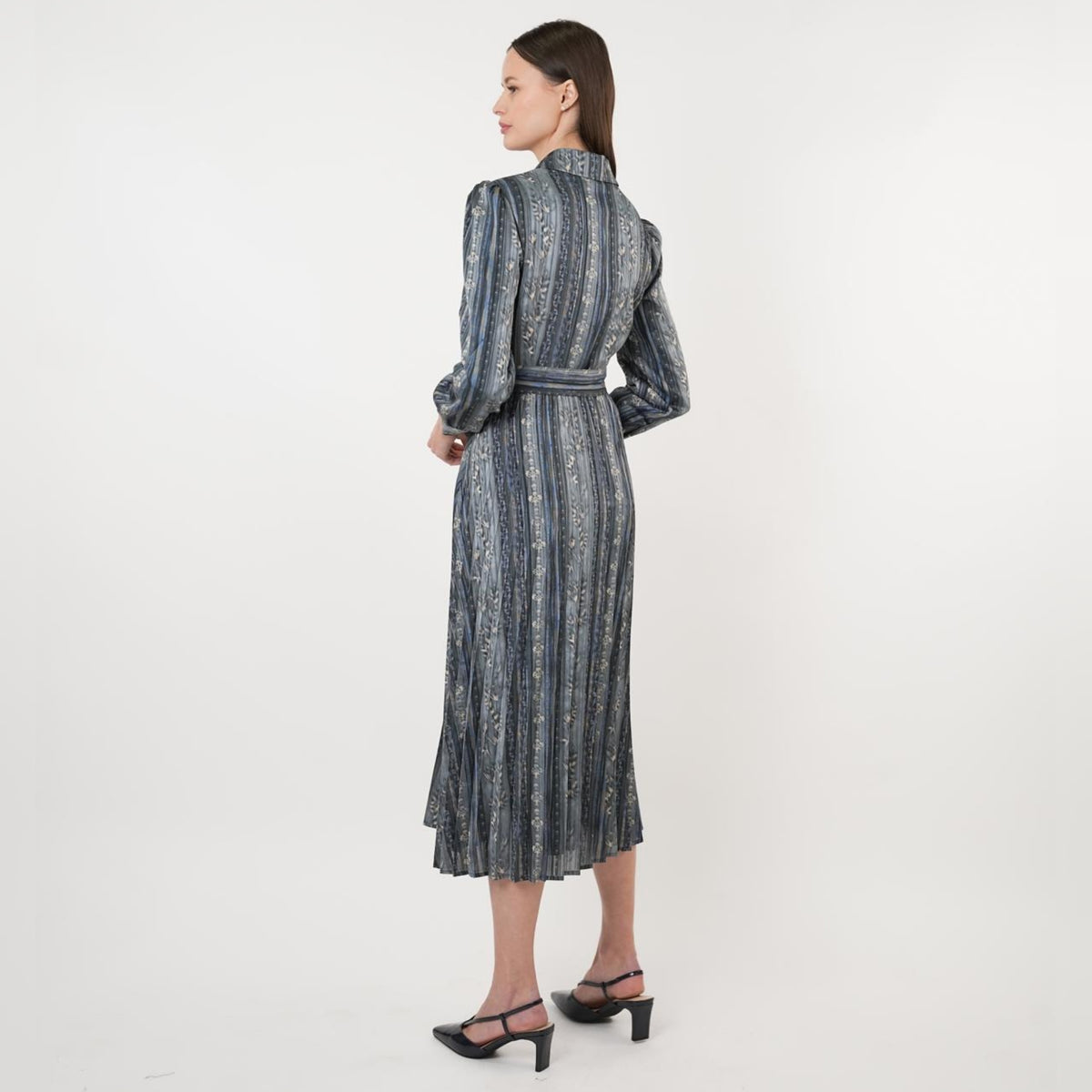 Blue/Grey Stripe Belted Dress