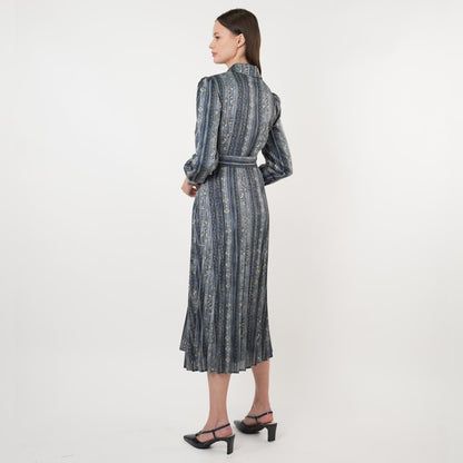 Blue/Grey Stripe Belted Dress