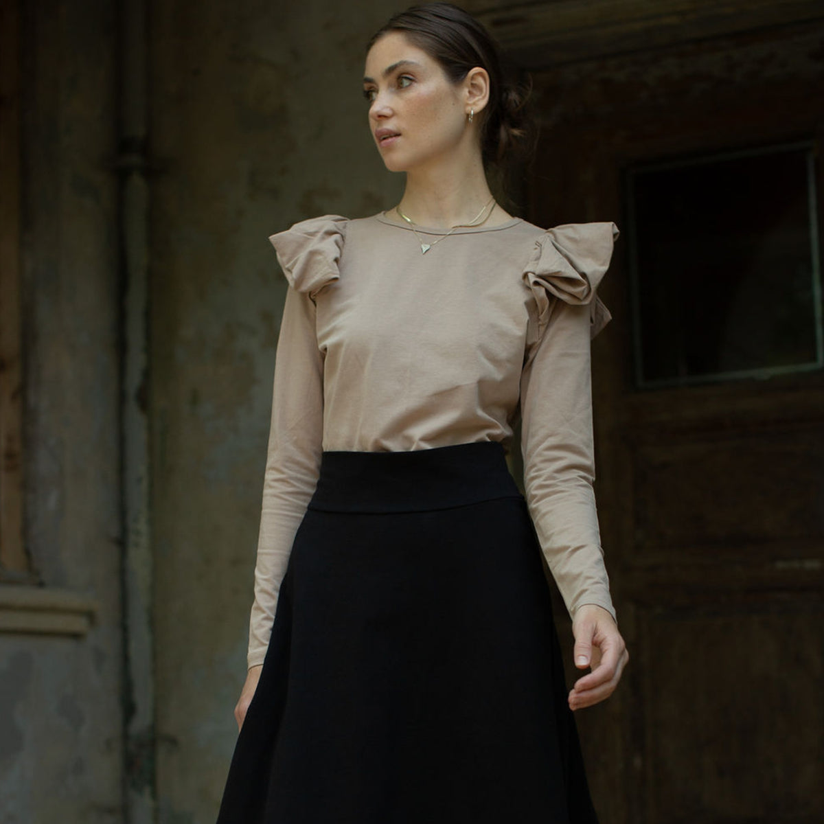 Mink Taupe Ruffle Shoulder Tee by Adina LV