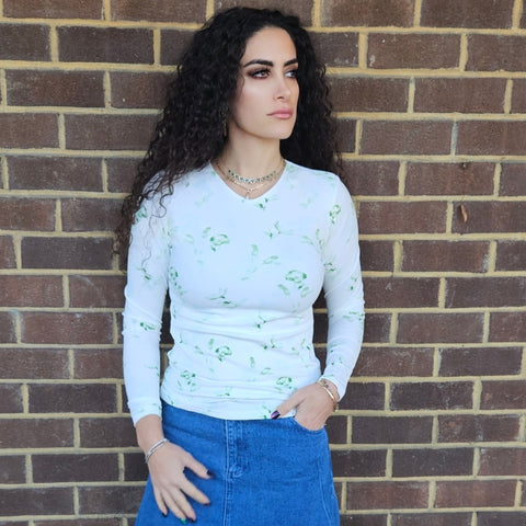 Mint Green Floral Print Microribbed V neck Tee