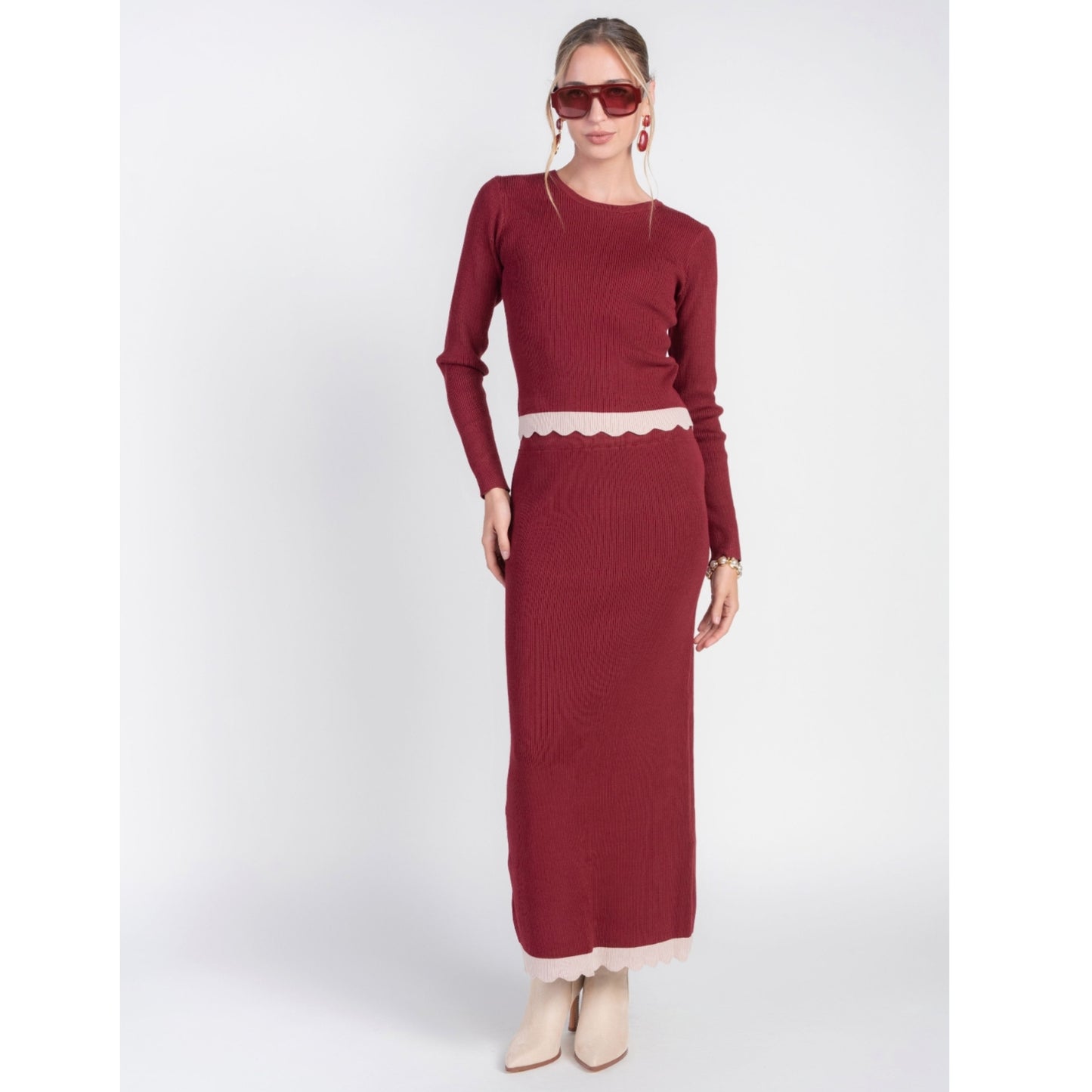 Scalloped Knit Top Bordeaux