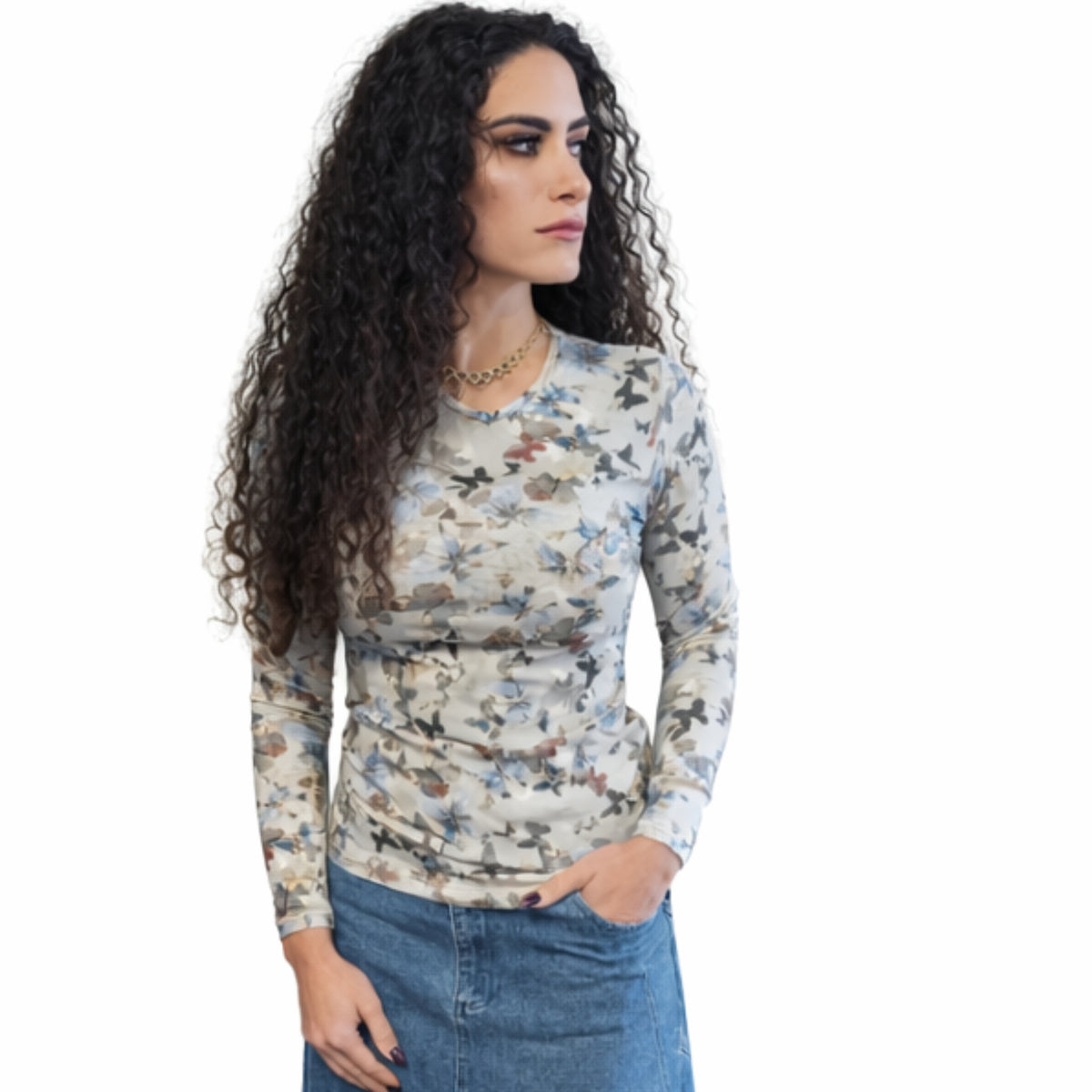 Blue Butterfly Cotton VNeck Tee