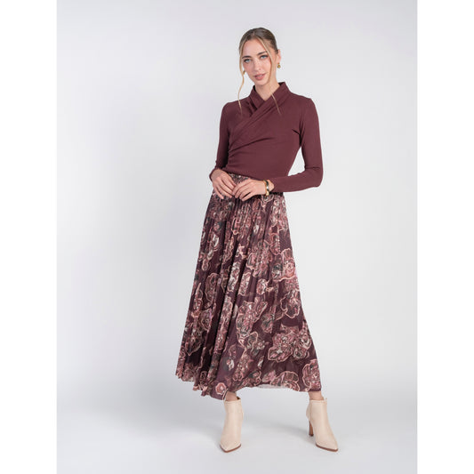 Pleated Maxi Skirt Burgundy Swirls Adina LV