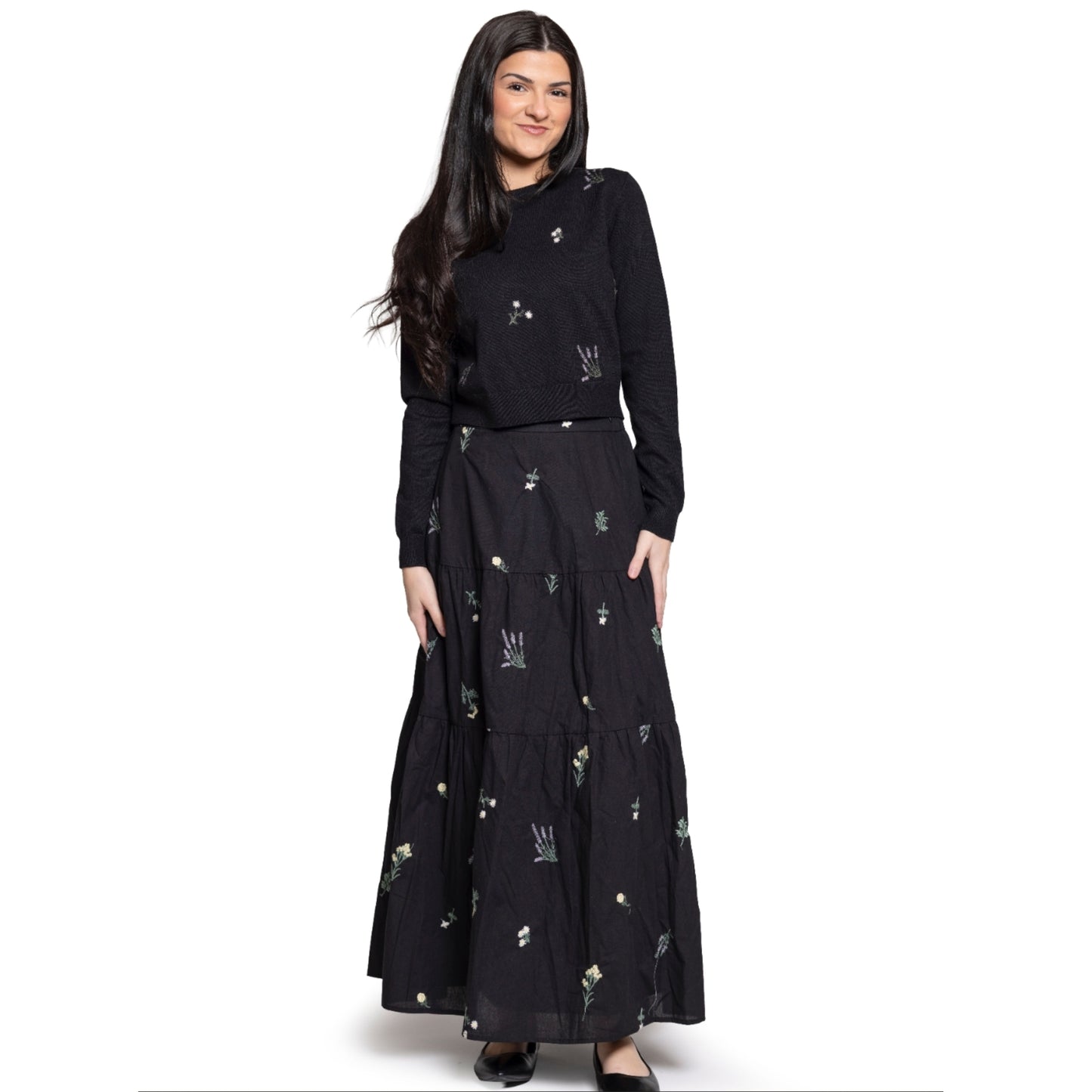 Tiered Cotton Embroidered Skirt