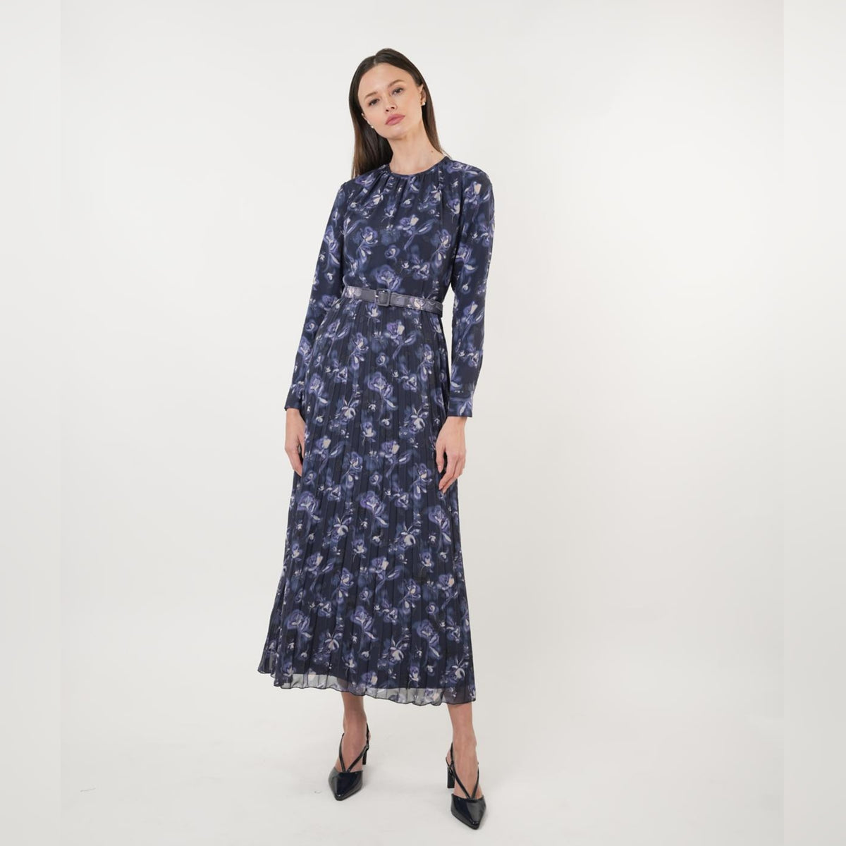 Henny Pleated Belted Dress Navy/Purple