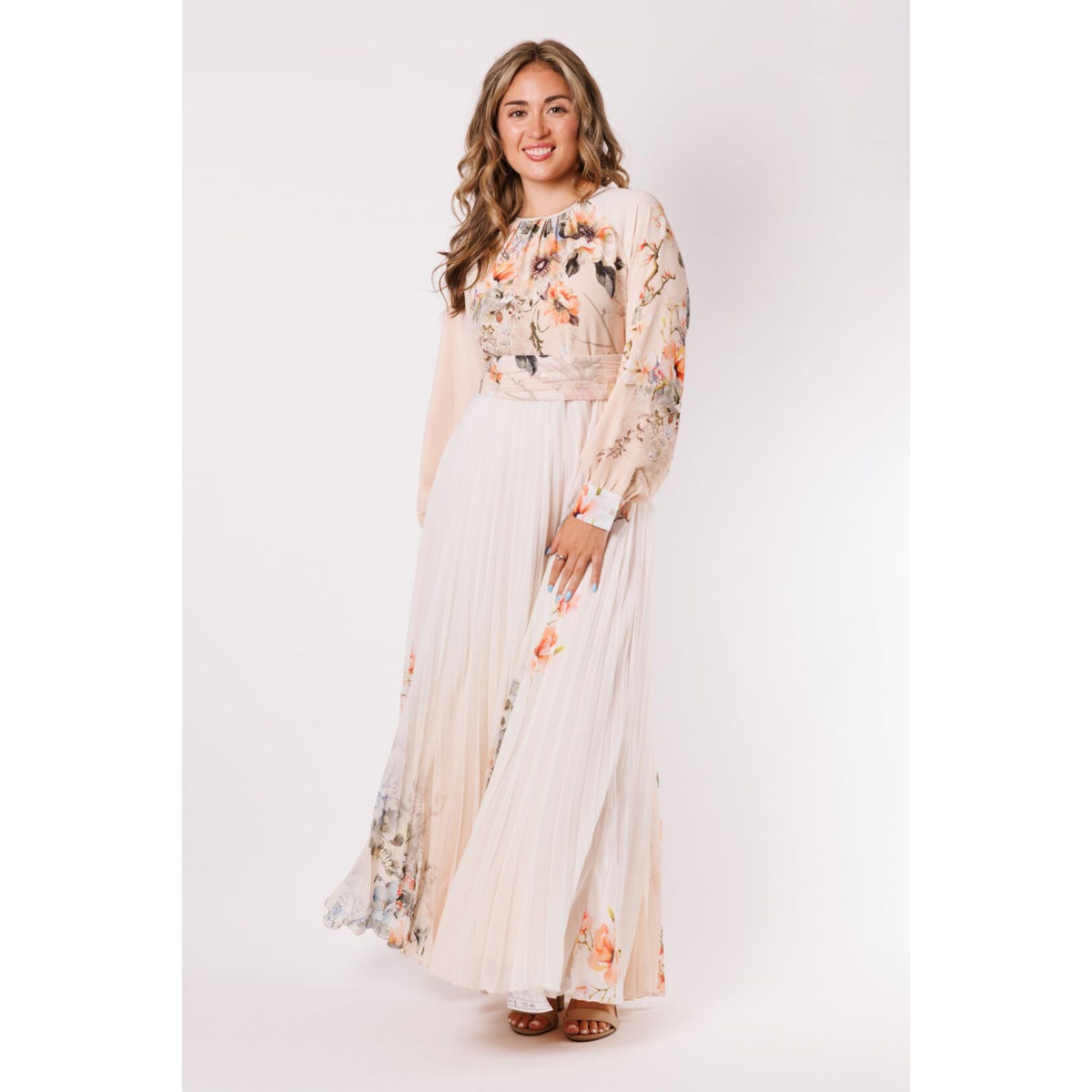 Chiffon Cream Peachy Floral Dress - The Mimi Boutique