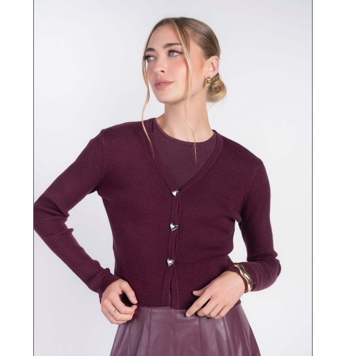 Eggplant V-Neck Cardi With Heart Buttons