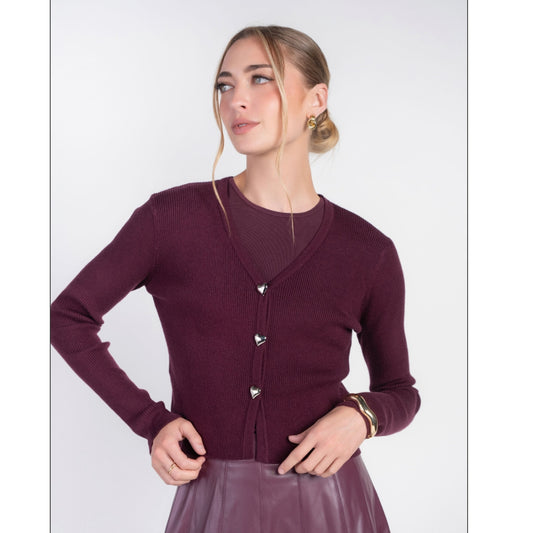Eggplant V-Neck Cardi With Heart Buttons