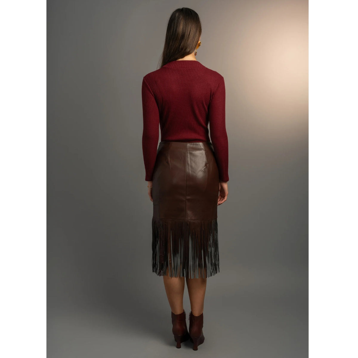 Brown Stone Belle Fringe Leather Skirt