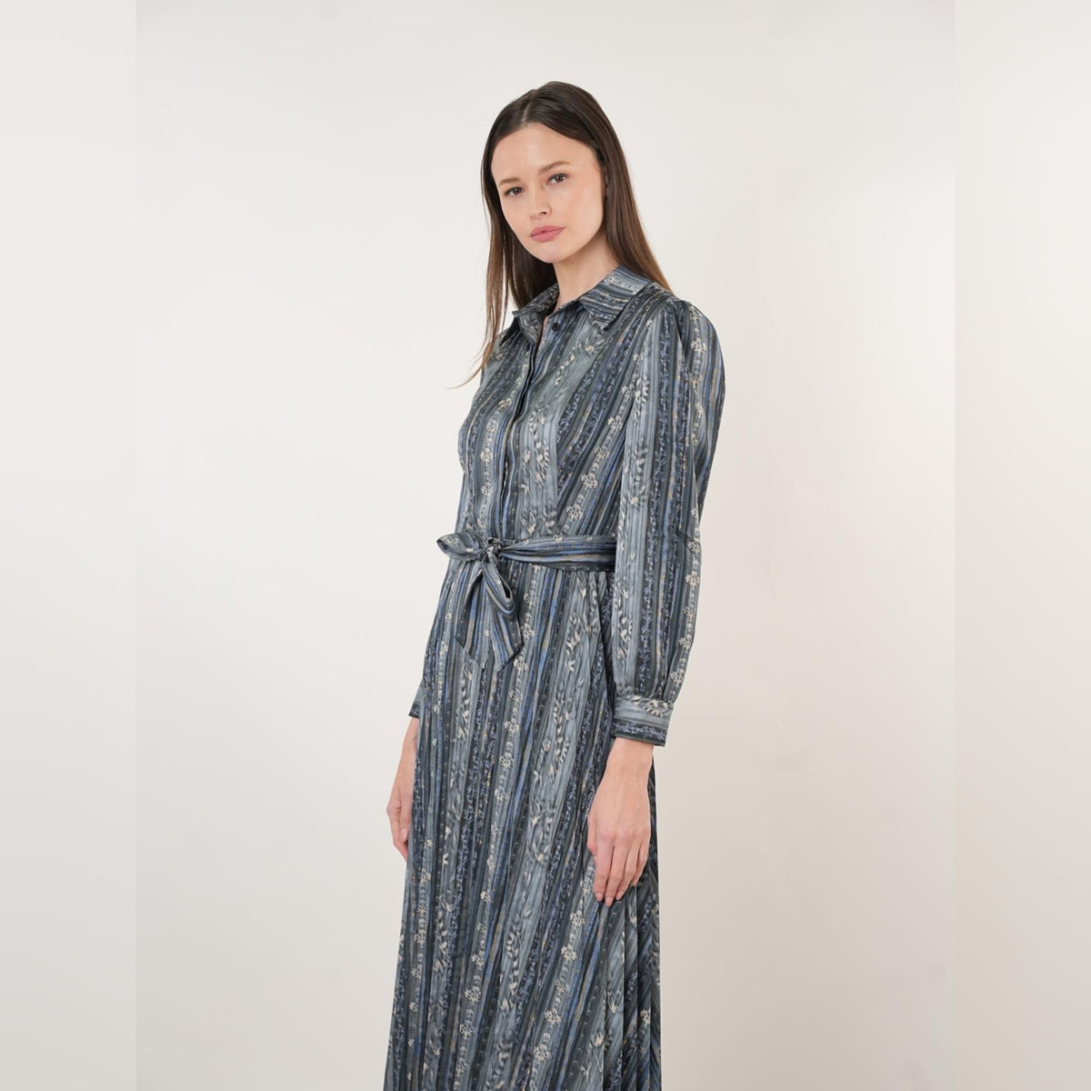 Blue/Grey Stripe Belted Dress