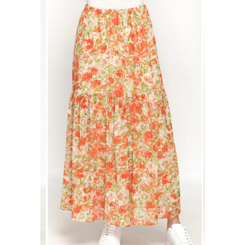 Tiered Orange Artsy Floral Skirt