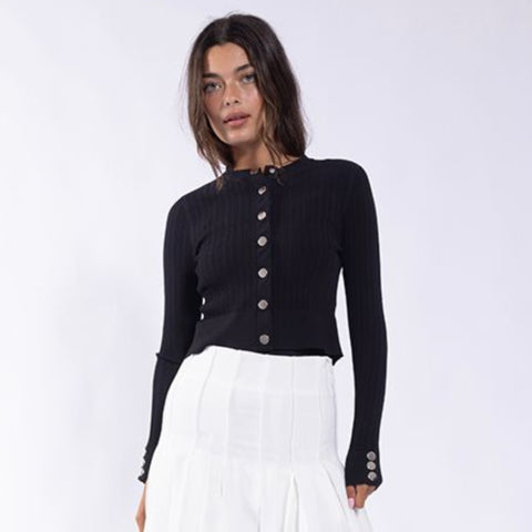 Black Rib Knit Cardigan With Snap Placket - The Mimi Boutique