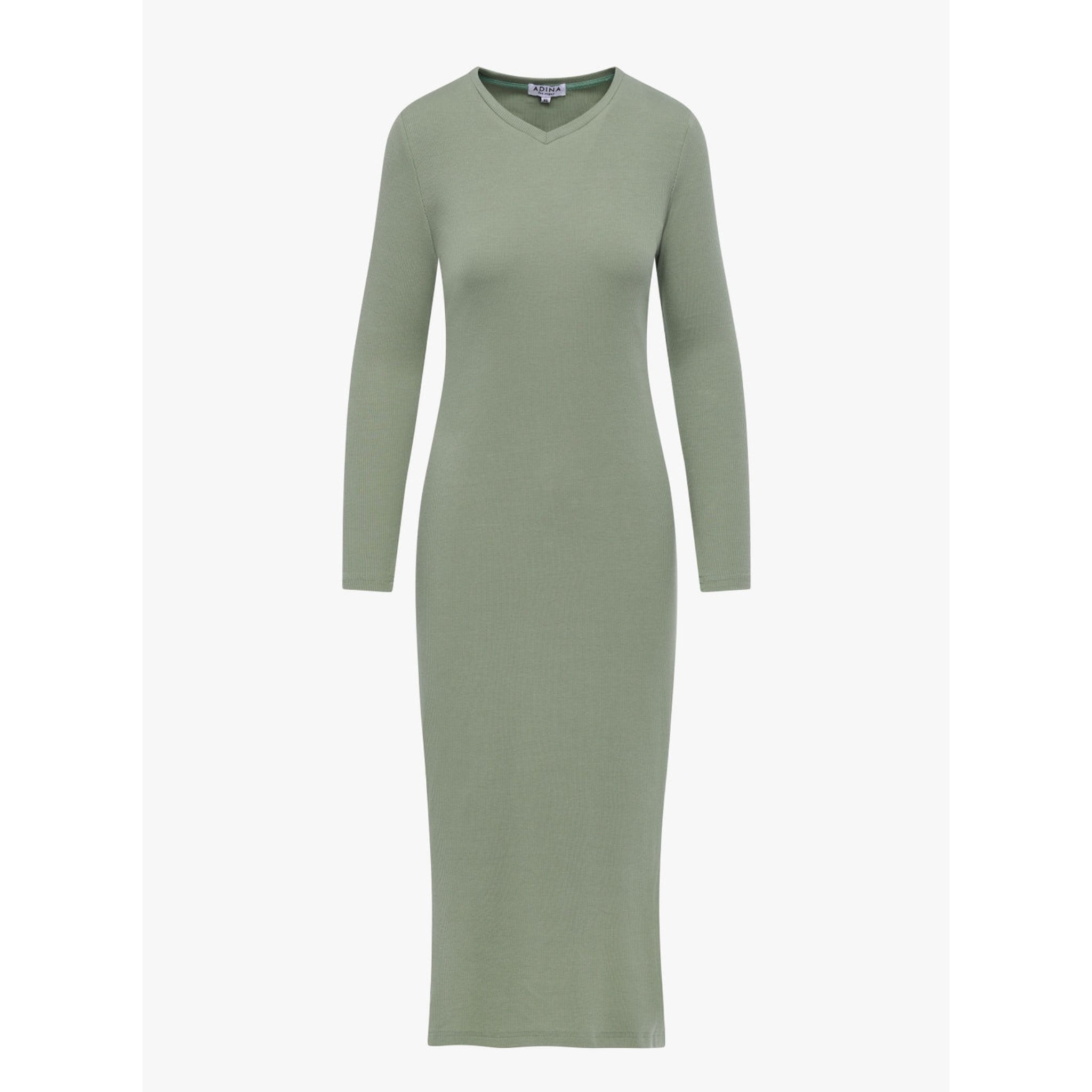 Sage Ribbed V Neck Tshirt Dress Adina LV Sage Ribbed V Neck Tshirt Dress Adina LV