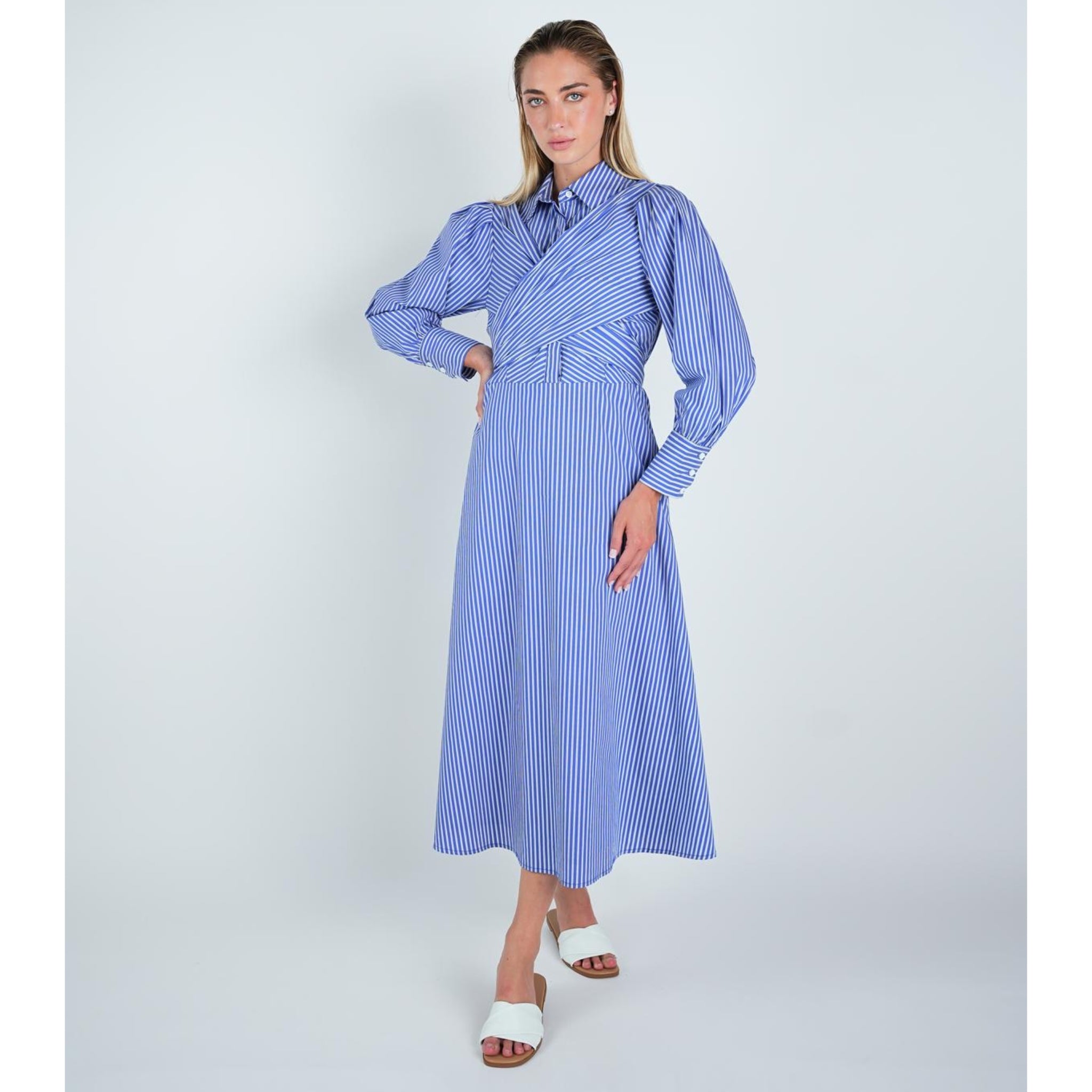Blue Stripe Mock Wrap Dress – The Mimi Boutique