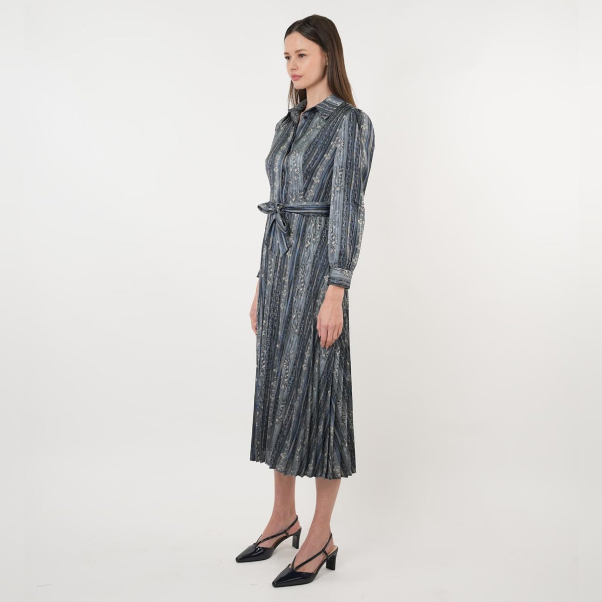 Blue/Grey Stripe Belted Dress