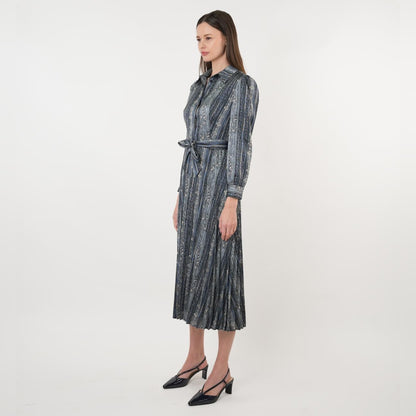Blue/Grey Stripe Belted Dress