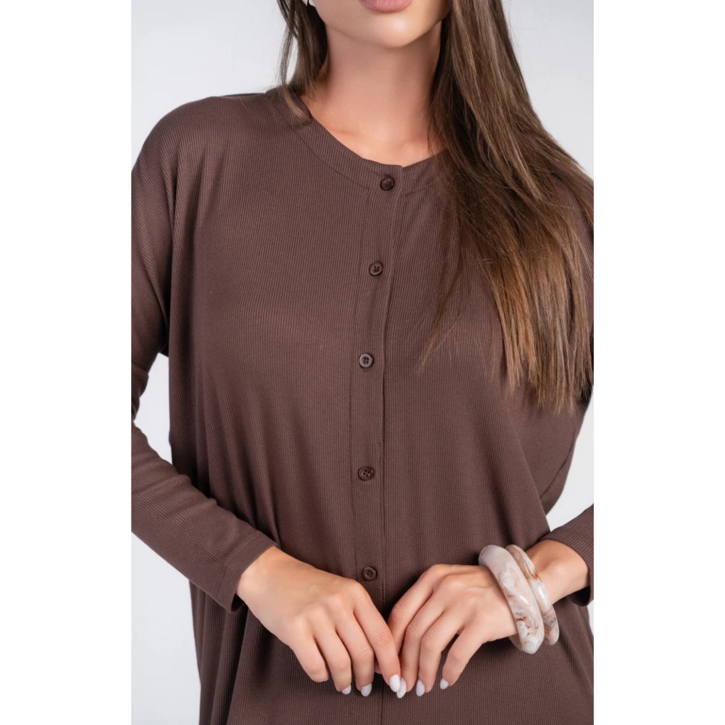 Chocolate Brown Dolman Sleeve Dress With Buttons Adina LV