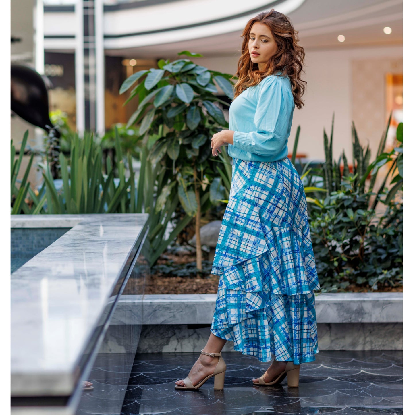 Plaid Ruffle Skirt Ivory/Aqua