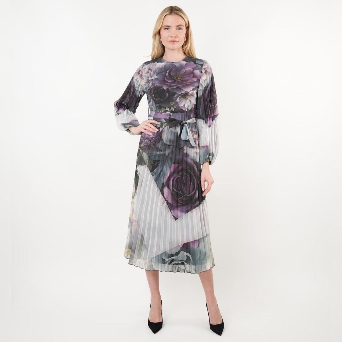 Perl Pleated Chiffon Floral Belted Dress