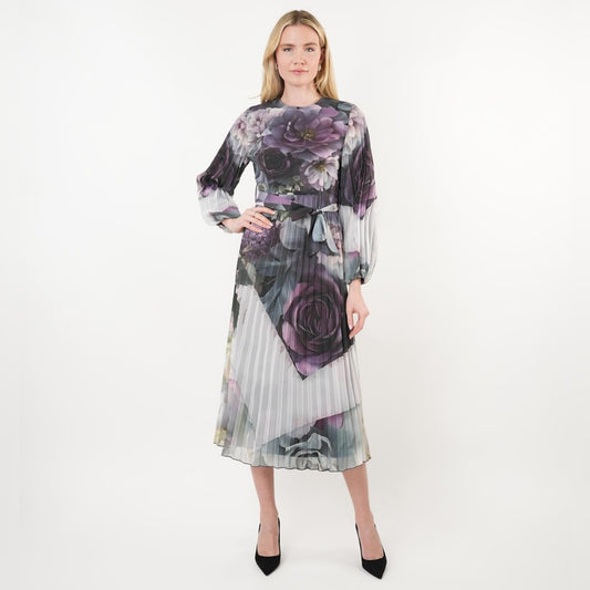 Perl Pleated Chiffon Floral Belted Dress