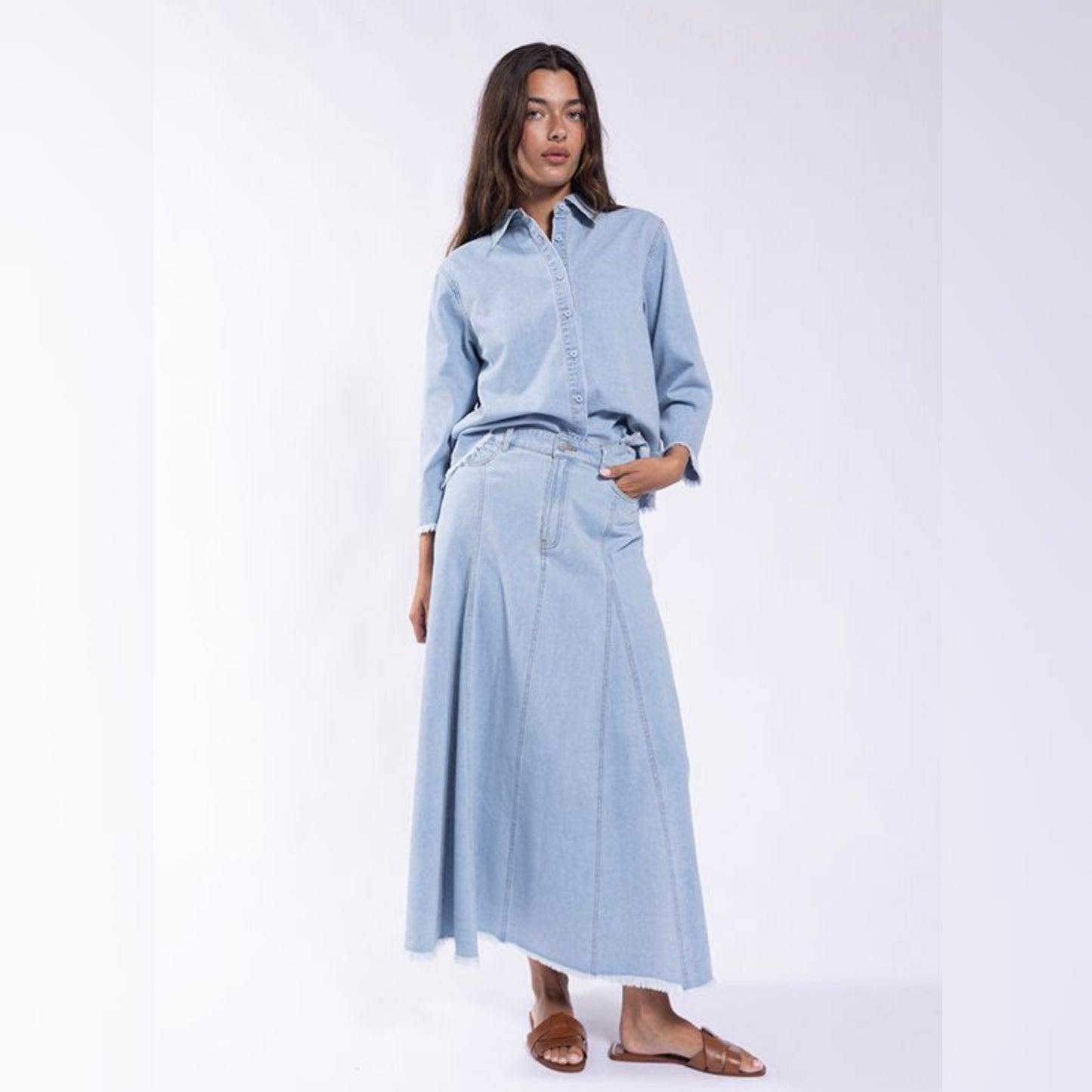Distressed Midi Skirt Light Denim