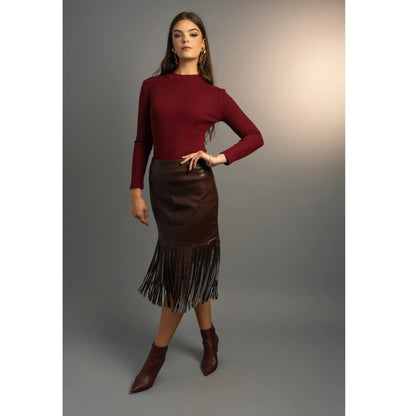 Brown Stone Belle Fringe Leather Skirt