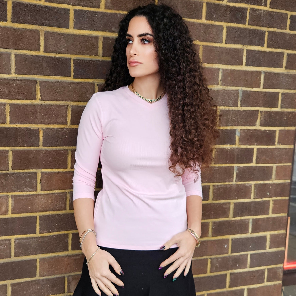 Pale Pink V Neck Microribbed Tshirt