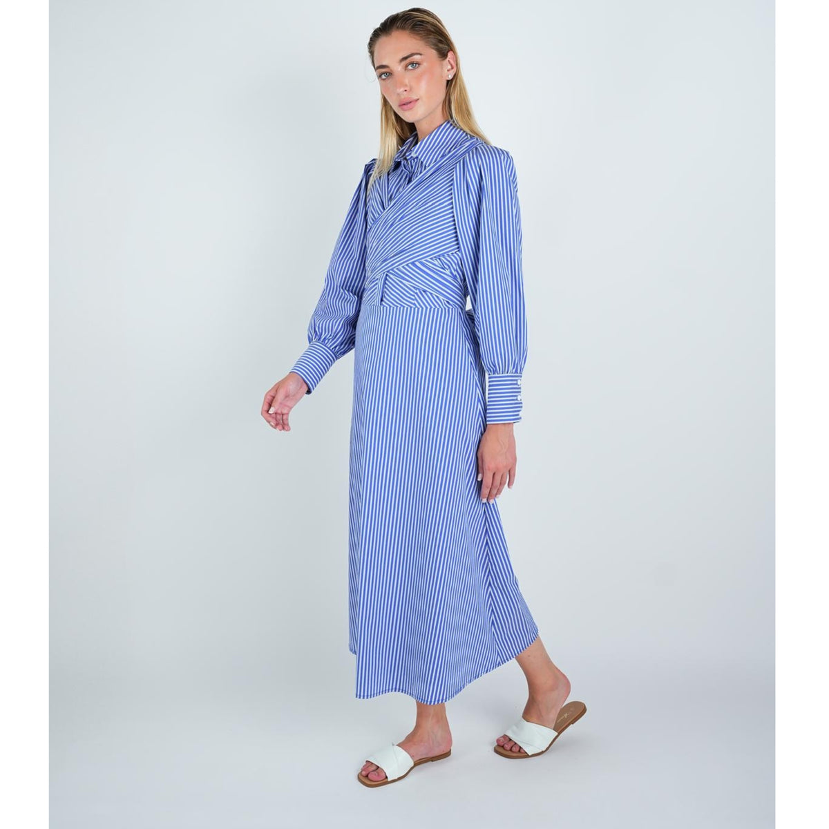 Blue Stripe Mock Wrap Dress - The Mimi Boutique