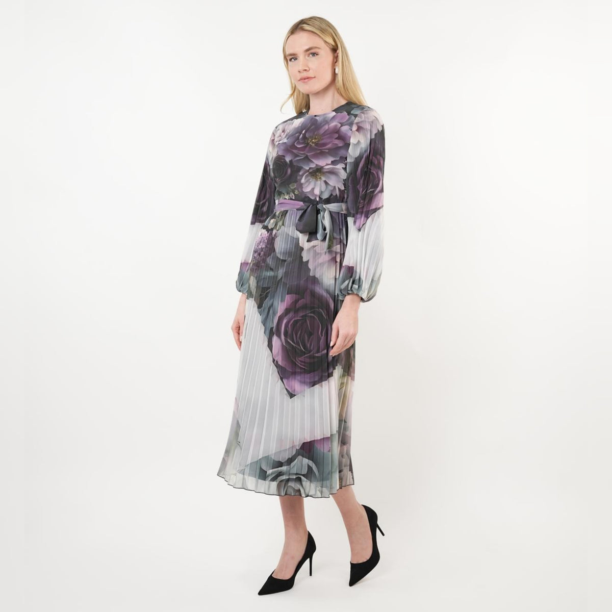 Perl Pleated Chiffon Floral Belted Dress
